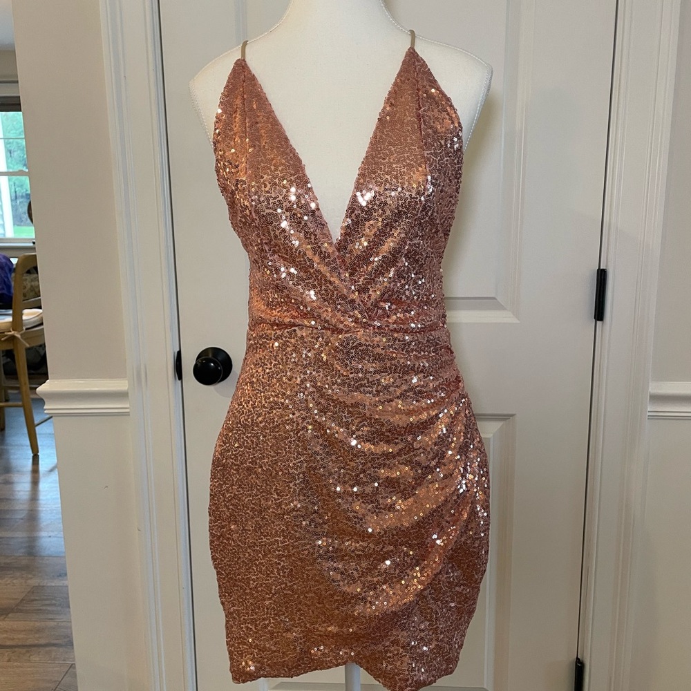 Sequin Open Back w X straps Halter Dress in Rose Gold Ultimate Baddie Dress